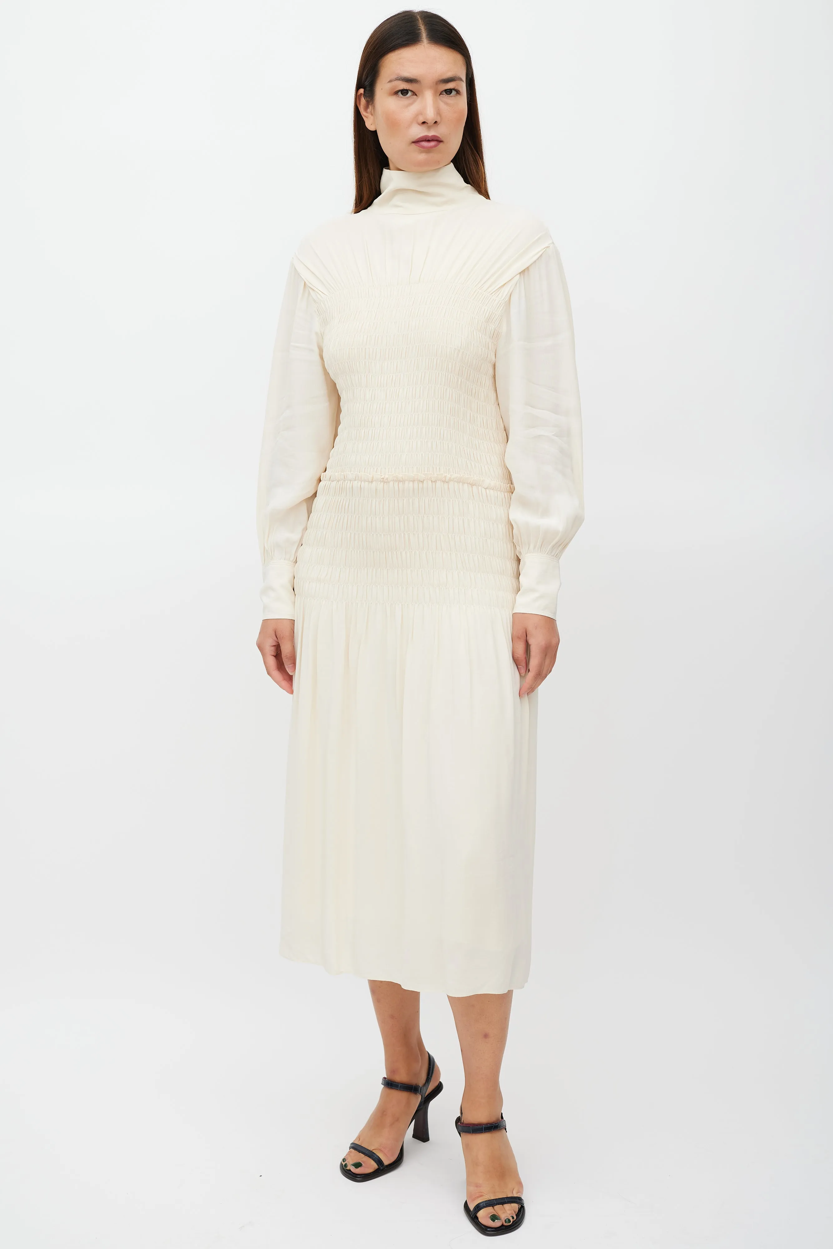 Cream Long Sleeve Smocked Dress