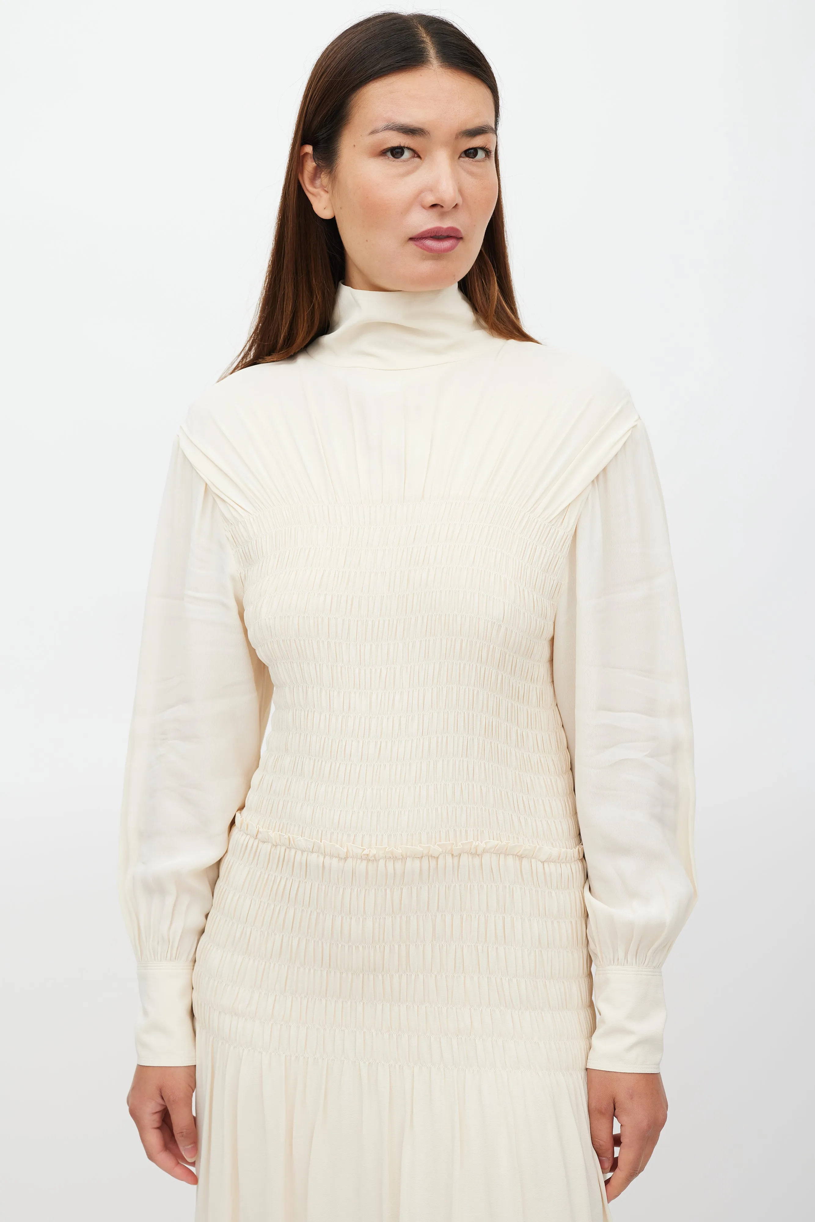 Cream Long Sleeve Smocked Dress