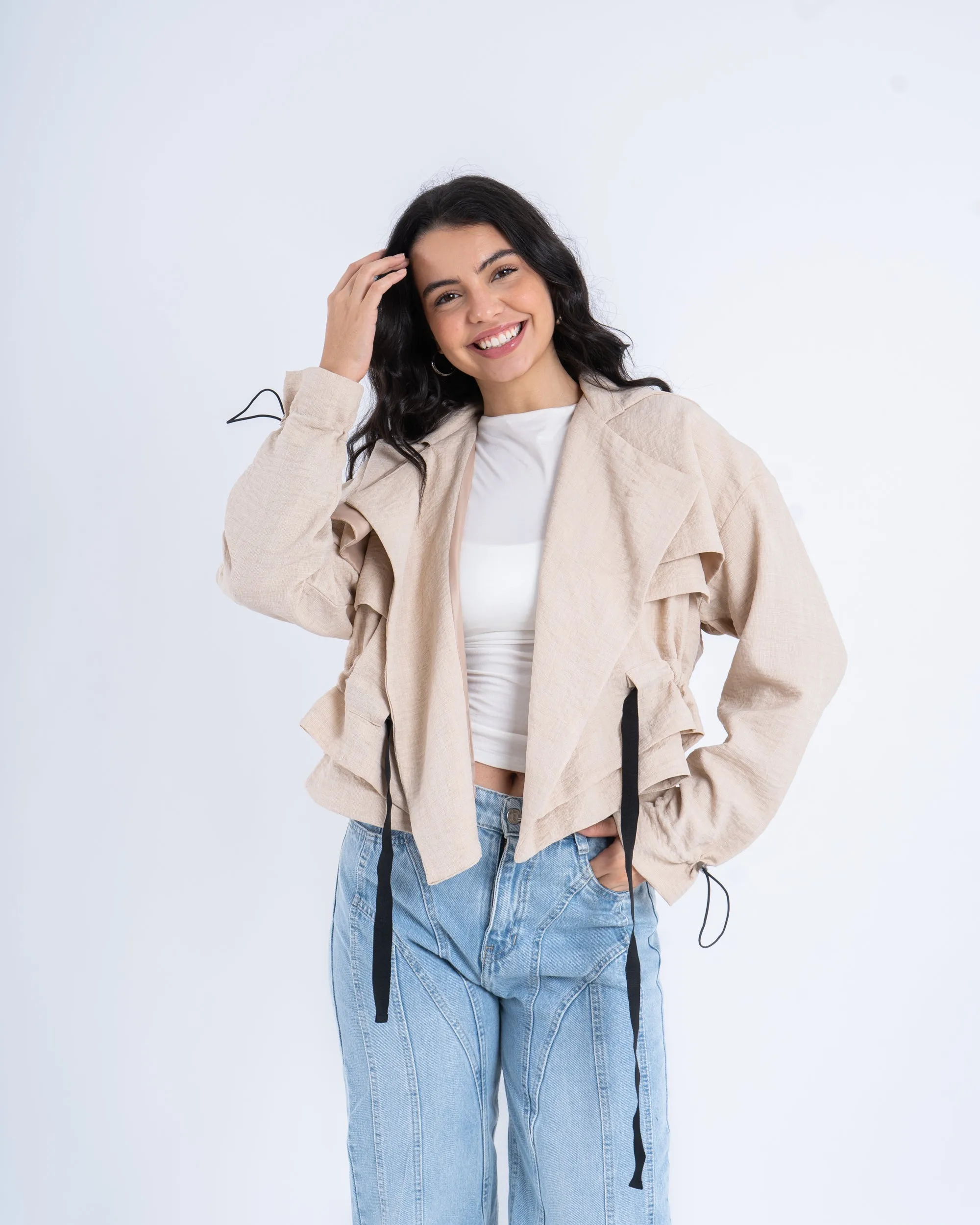 Cropped Layered Linen Trench Jacket