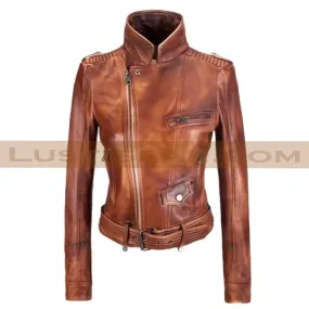 Cropped Style Vintage Wax Tan Womens Streetwear Biker Leather Jacket