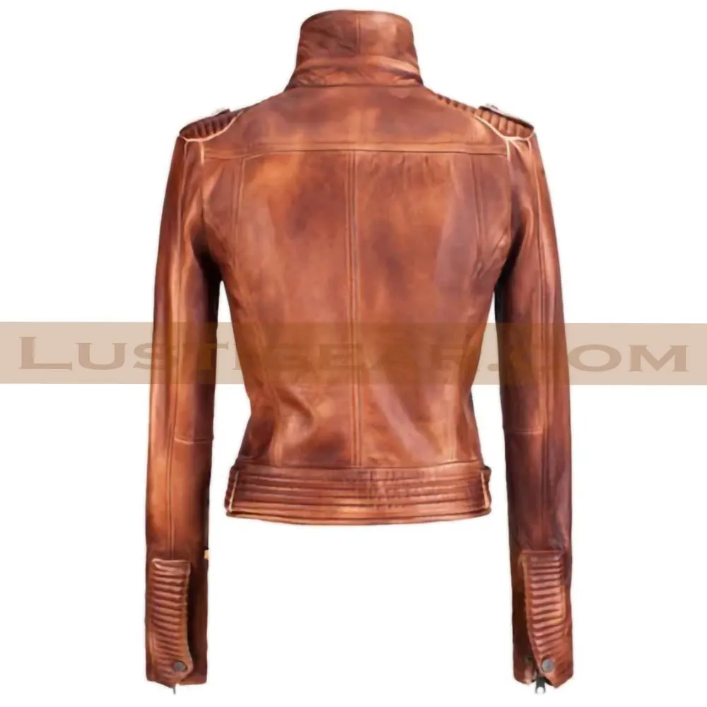 Cropped Style Vintage Wax Tan Womens Streetwear Biker Leather Jacket