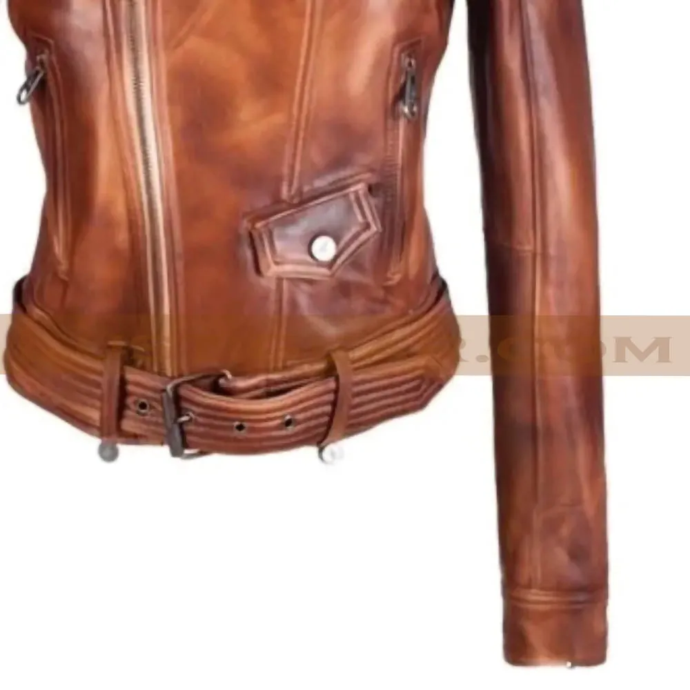 Cropped Style Vintage Wax Tan Womens Streetwear Biker Leather Jacket