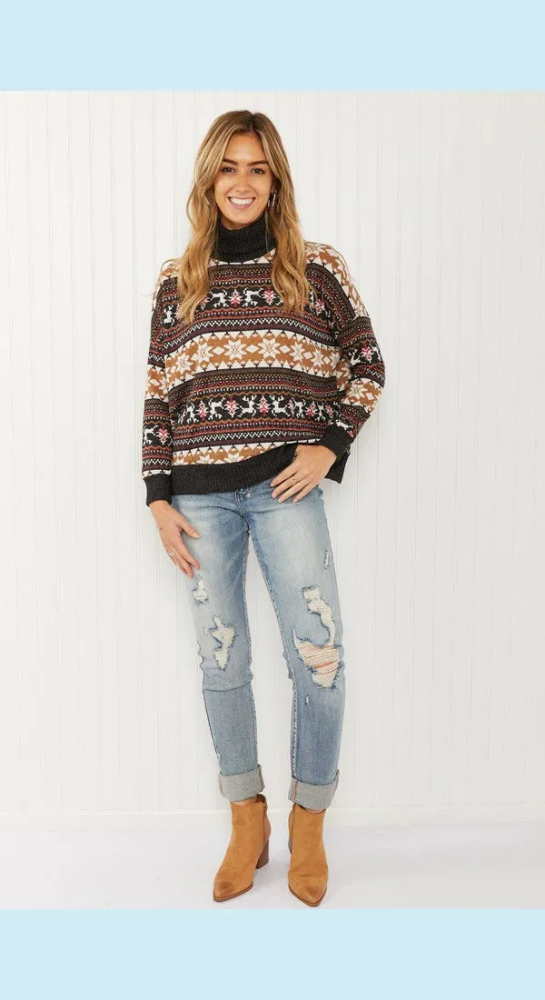 CY Fashion Reindeer Retreat Full Size Fair Isle Christmas Sweater