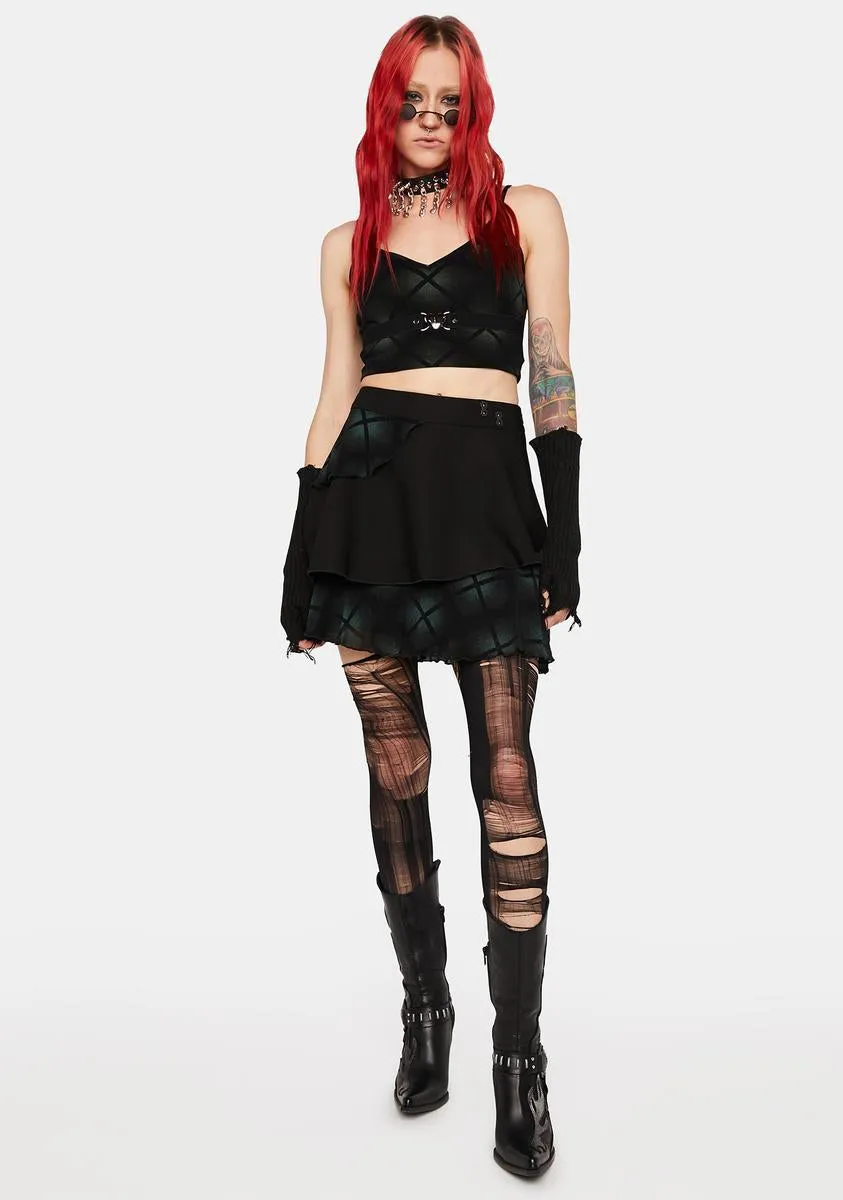 Dark Plaid Spliced Asymmetric Skirt
