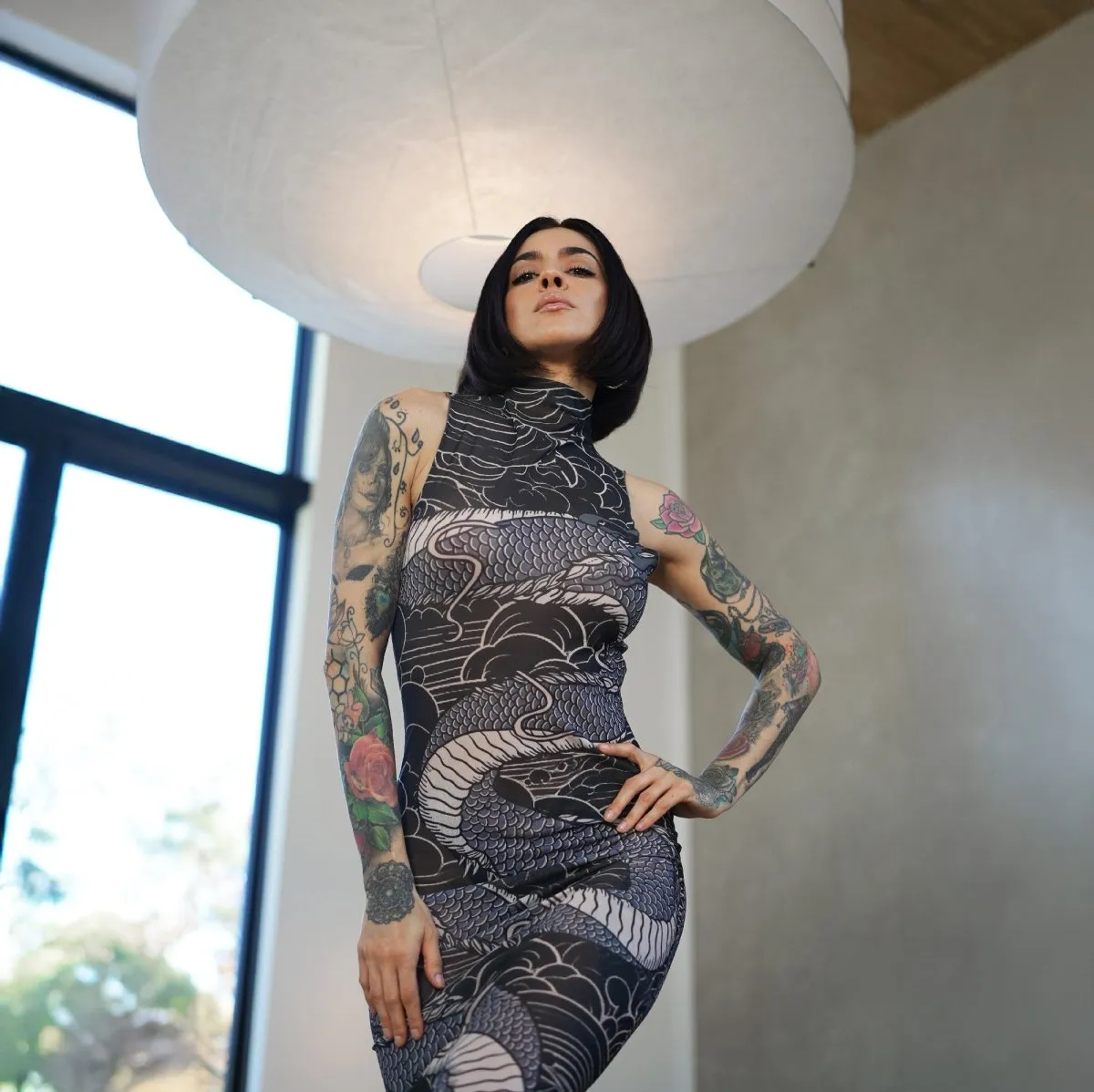 Dragon's embrace bodycon sheer mesh dress