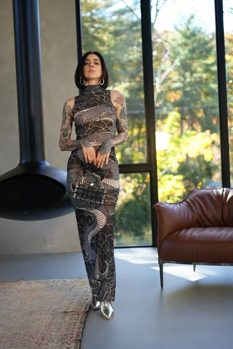 Dragon's embrace bodycon sheer mesh dress