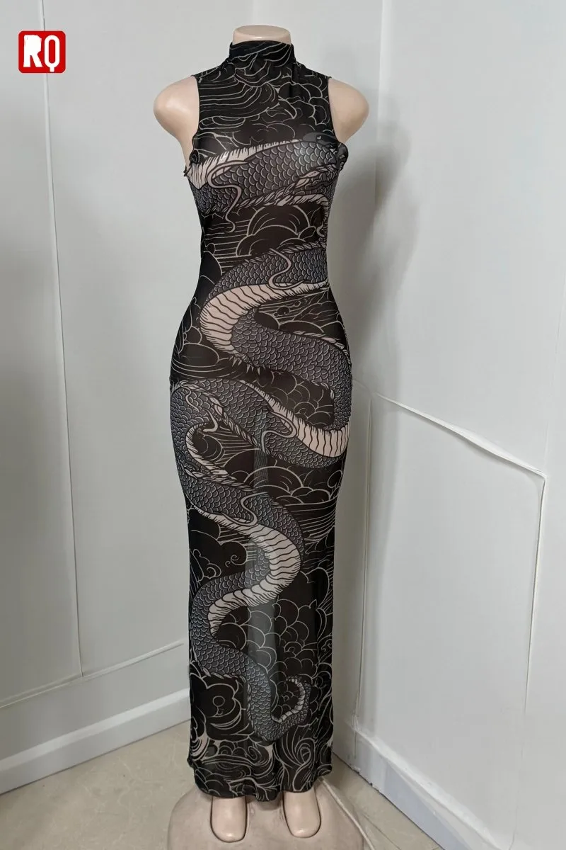 Dragon's embrace bodycon sheer mesh dress