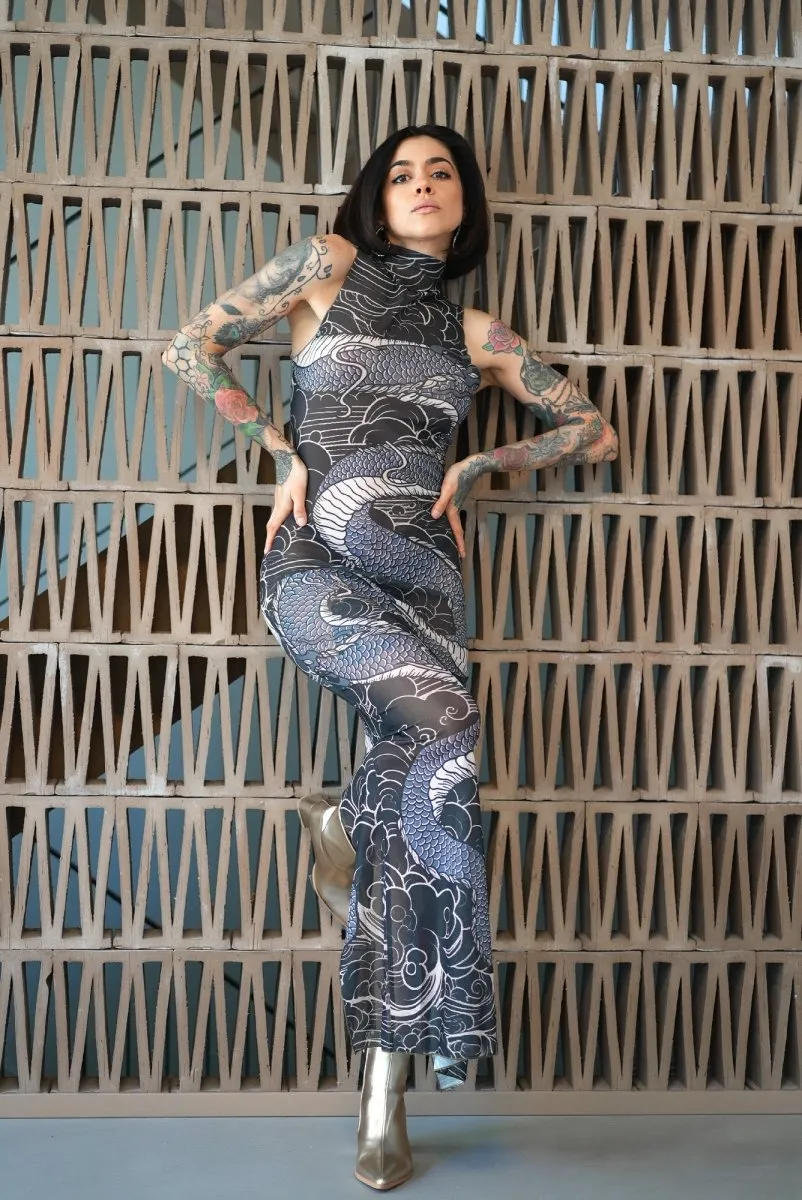 Dragon's embrace bodycon sheer mesh dress