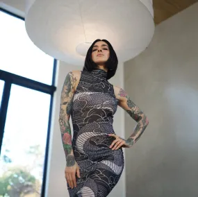 Dragon's embrace bodycon sheer mesh dress