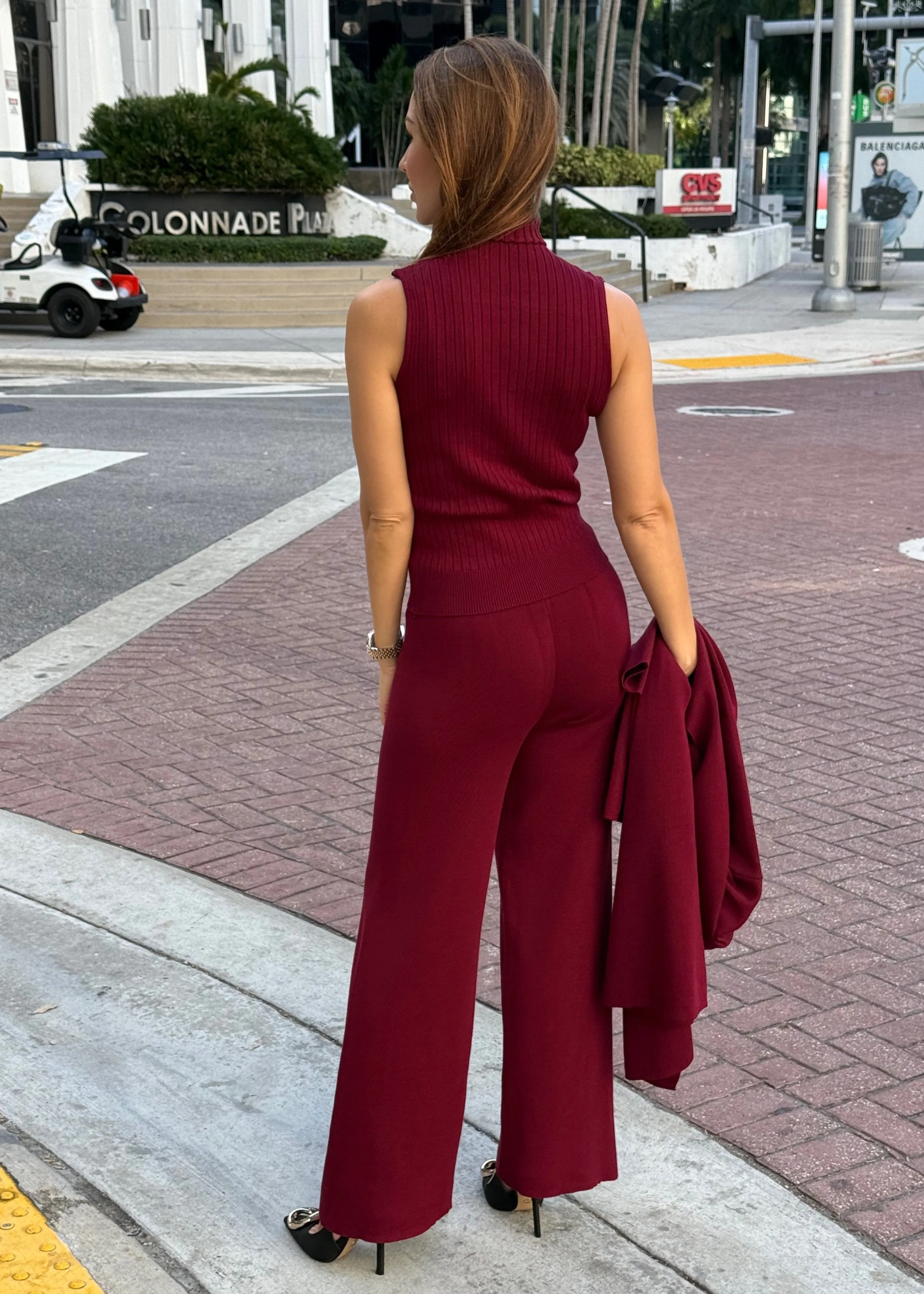 Eirini Knitted Three-Piece Pants Set - Burgundy