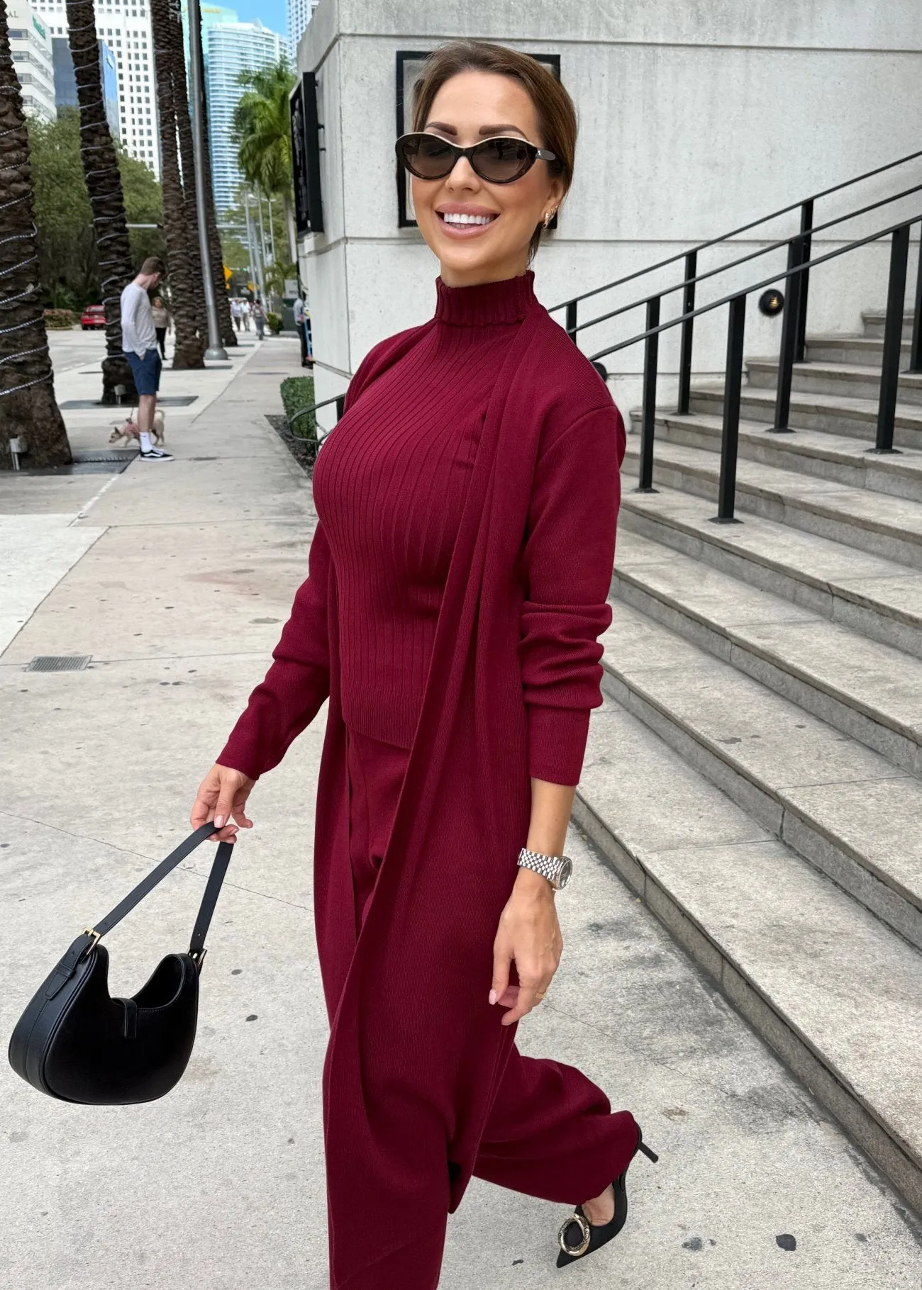 Eirini Knitted Three-Piece Pants Set - Burgundy