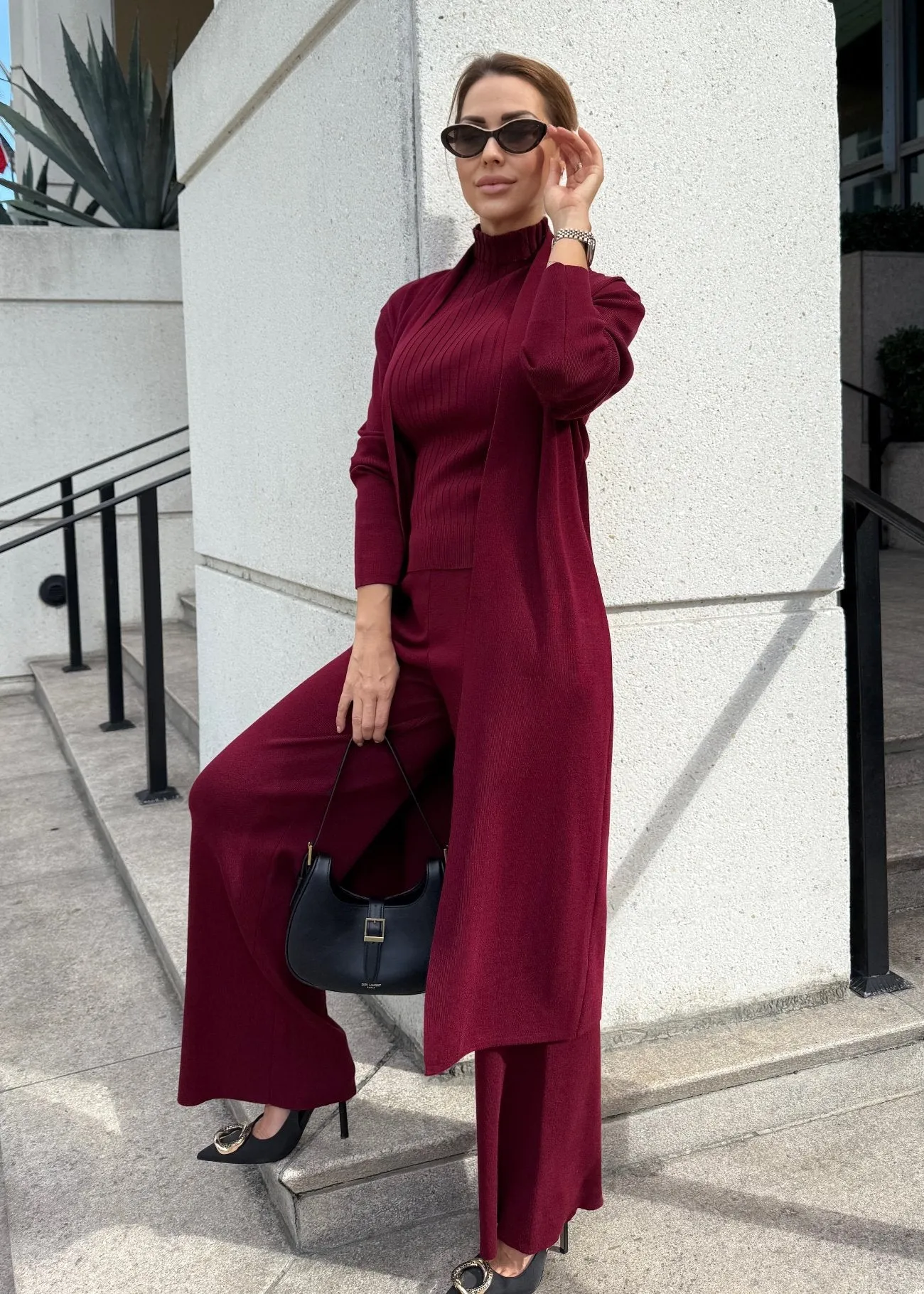 Eirini Knitted Three-Piece Pants Set - Burgundy