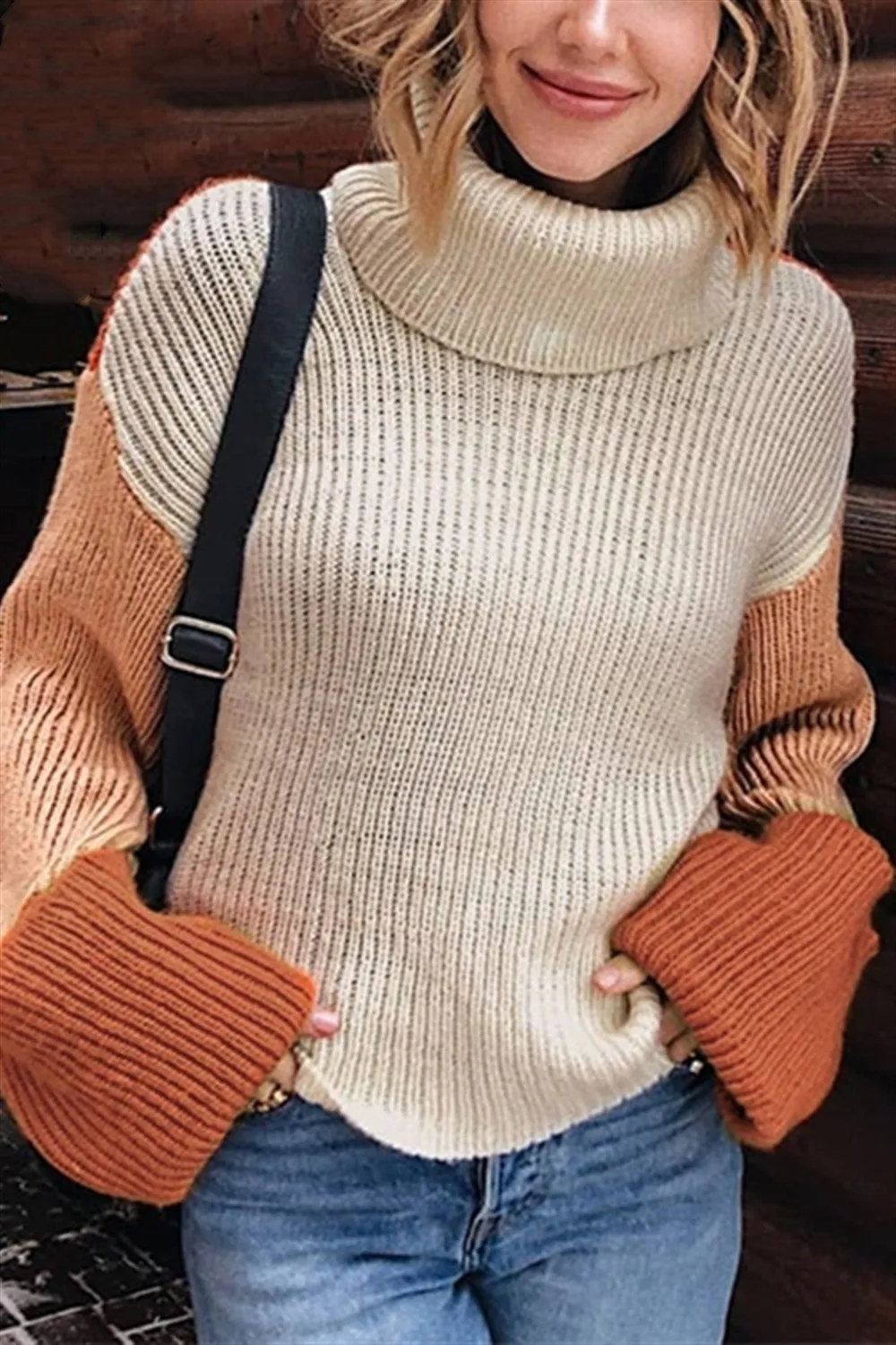 elveswallet Patchwork Turtleneck Casual Knitted Pullover