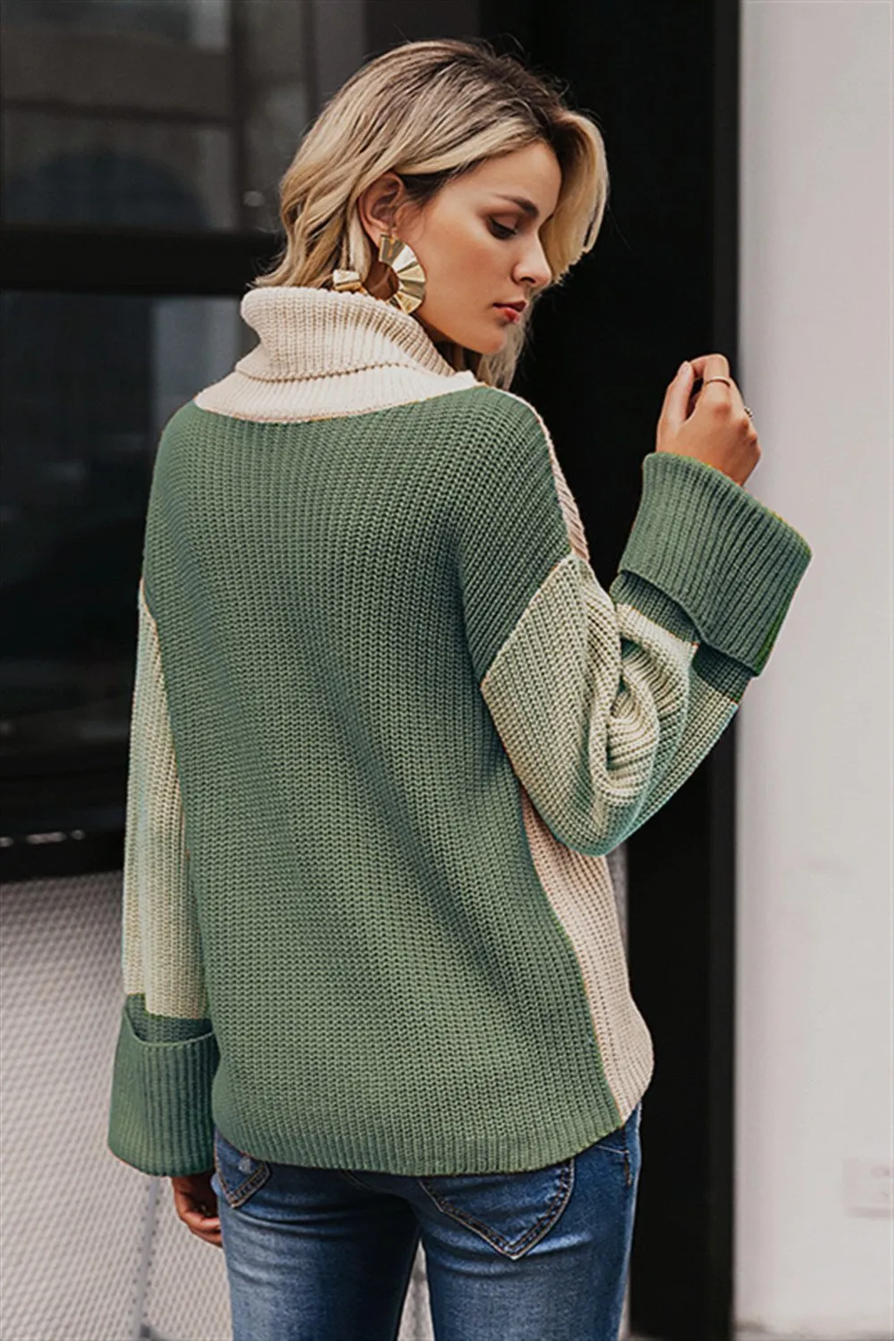 elveswallet Patchwork Turtleneck Casual Knitted Pullover
