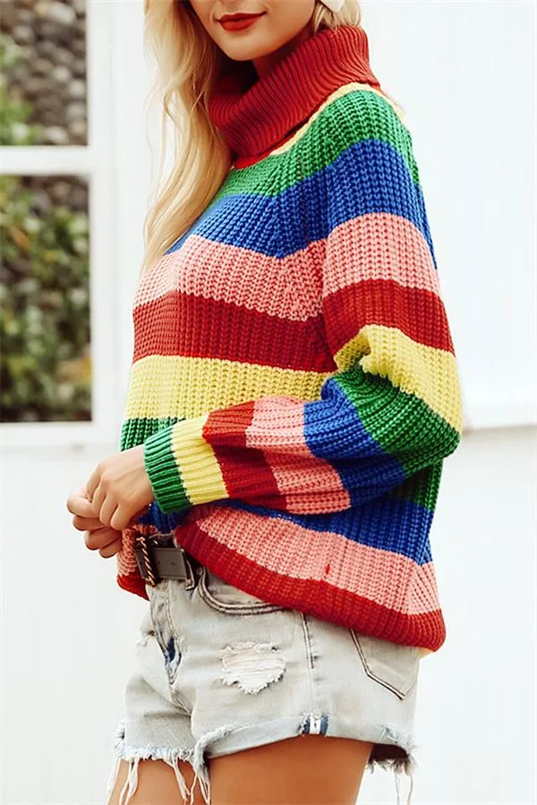 elveswallet Rainbow Striped Turtleneck Oversized Pullover