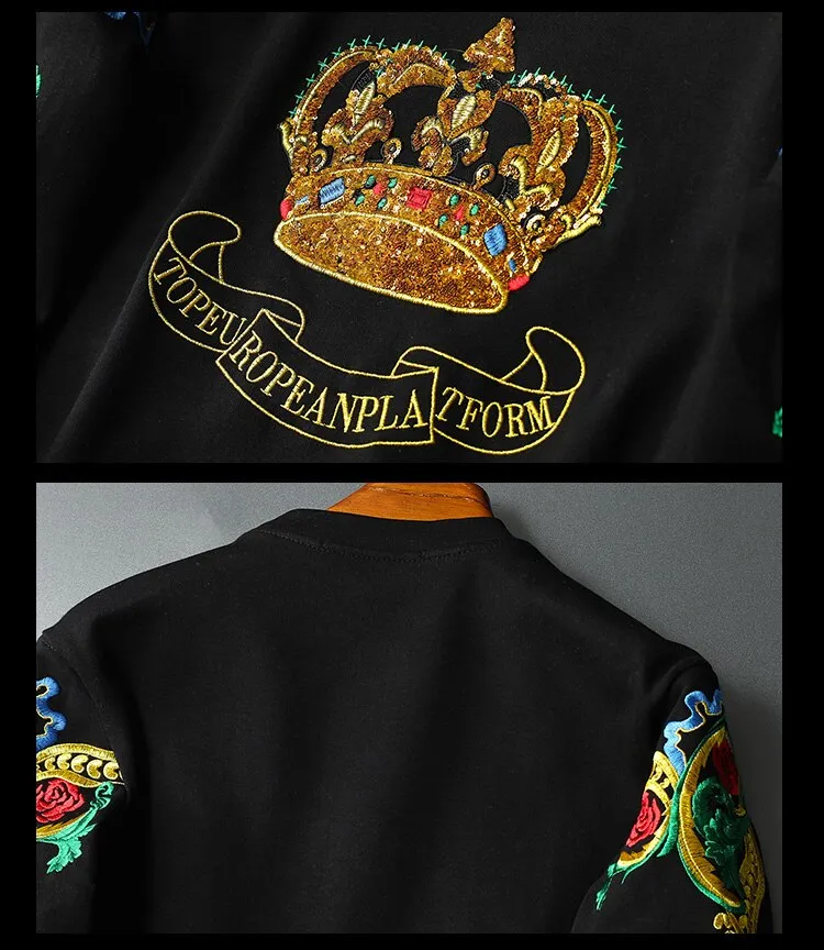 Embroidery Sequin Crown Sweatshirts Men Luxury Gold Black Sudadera Hombre Baroque Club Outwear Sweat Homme Harajuku Sweatshirt