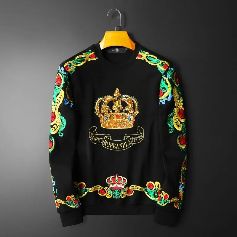 Embroidery Sequin Crown Sweatshirts Men Luxury Gold Black Sudadera Hombre Baroque Club Outwear Sweat Homme Harajuku Sweatshirt