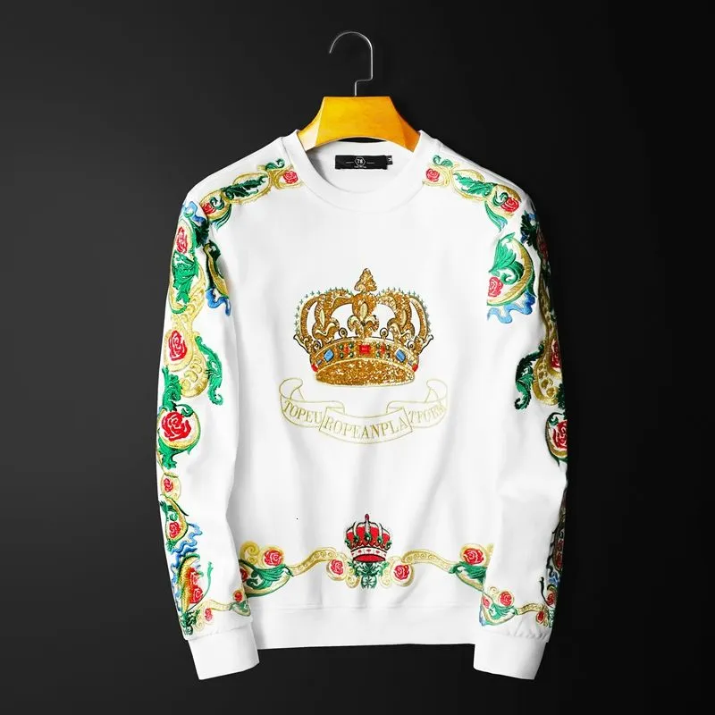 Embroidery Sequin Crown Sweatshirts Men Luxury Gold Black Sudadera Hombre Baroque Club Outwear Sweat Homme Harajuku Sweatshirt