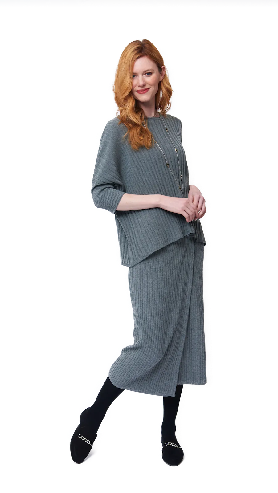 Erin Drop Shoulder 3/4 Sleeved Rib-Knit Top, Gray