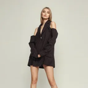 Fashion Shoulder-Baring Back Rhinestone Blazer – Striped Loose Fit for Women