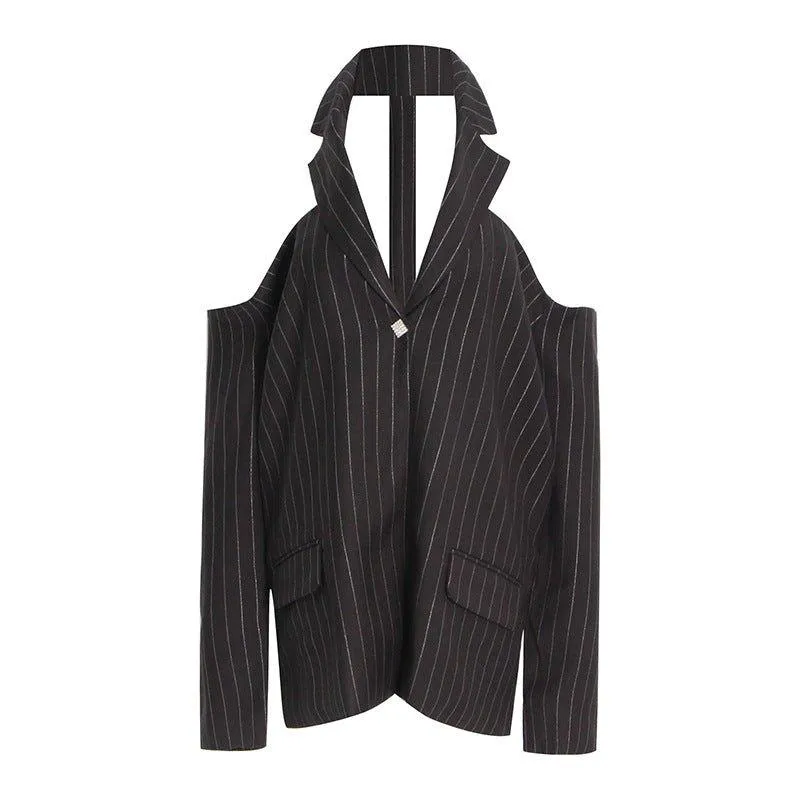 Fashion Shoulder-Baring Back Rhinestone Blazer – Striped Loose Fit for Women