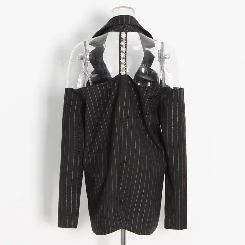Fashion Shoulder-Baring Back Rhinestone Blazer – Striped Loose Fit for Women