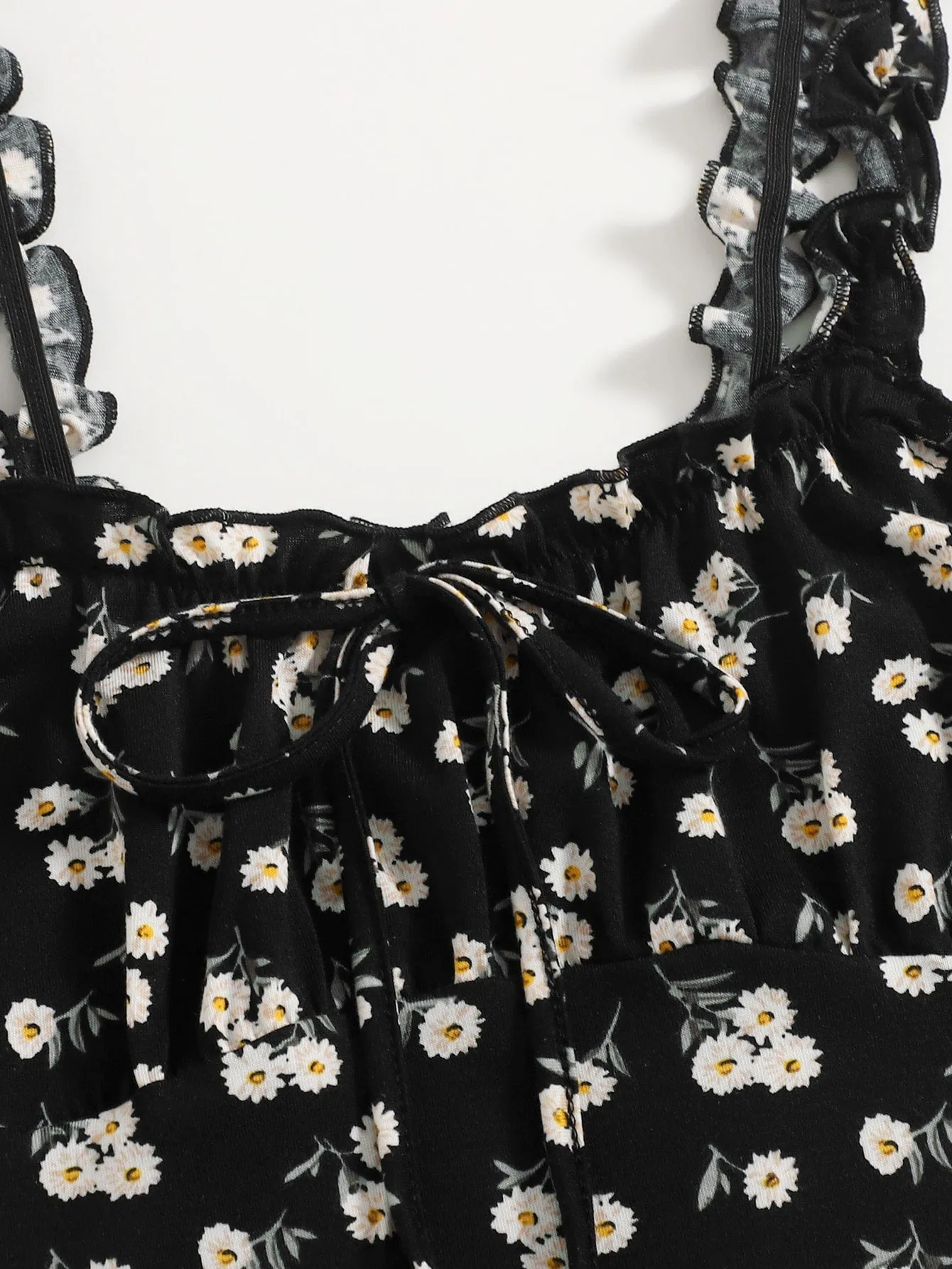Frilled Strap Tie Front Ruched Bust Daisy Floral Dress