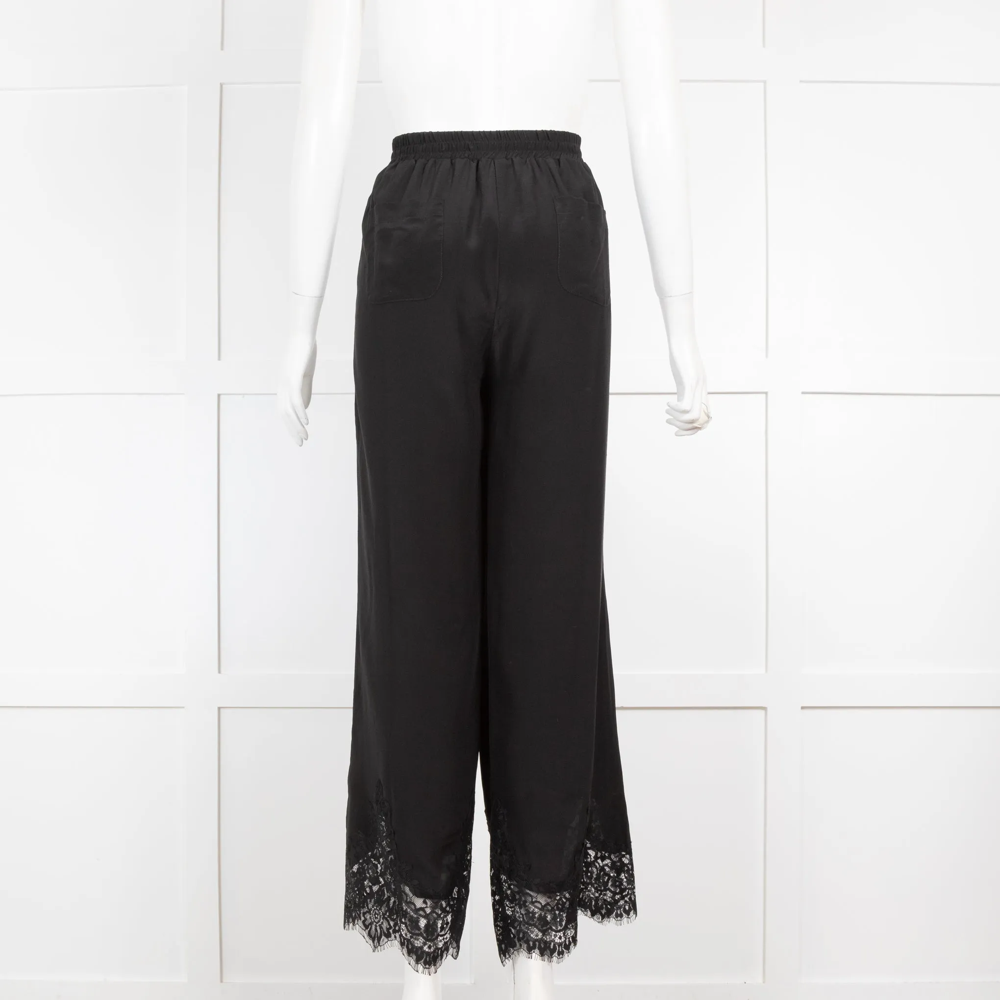 Goldhawk Black Silk Wide Leg Trousers With Eyelash Lace Hem