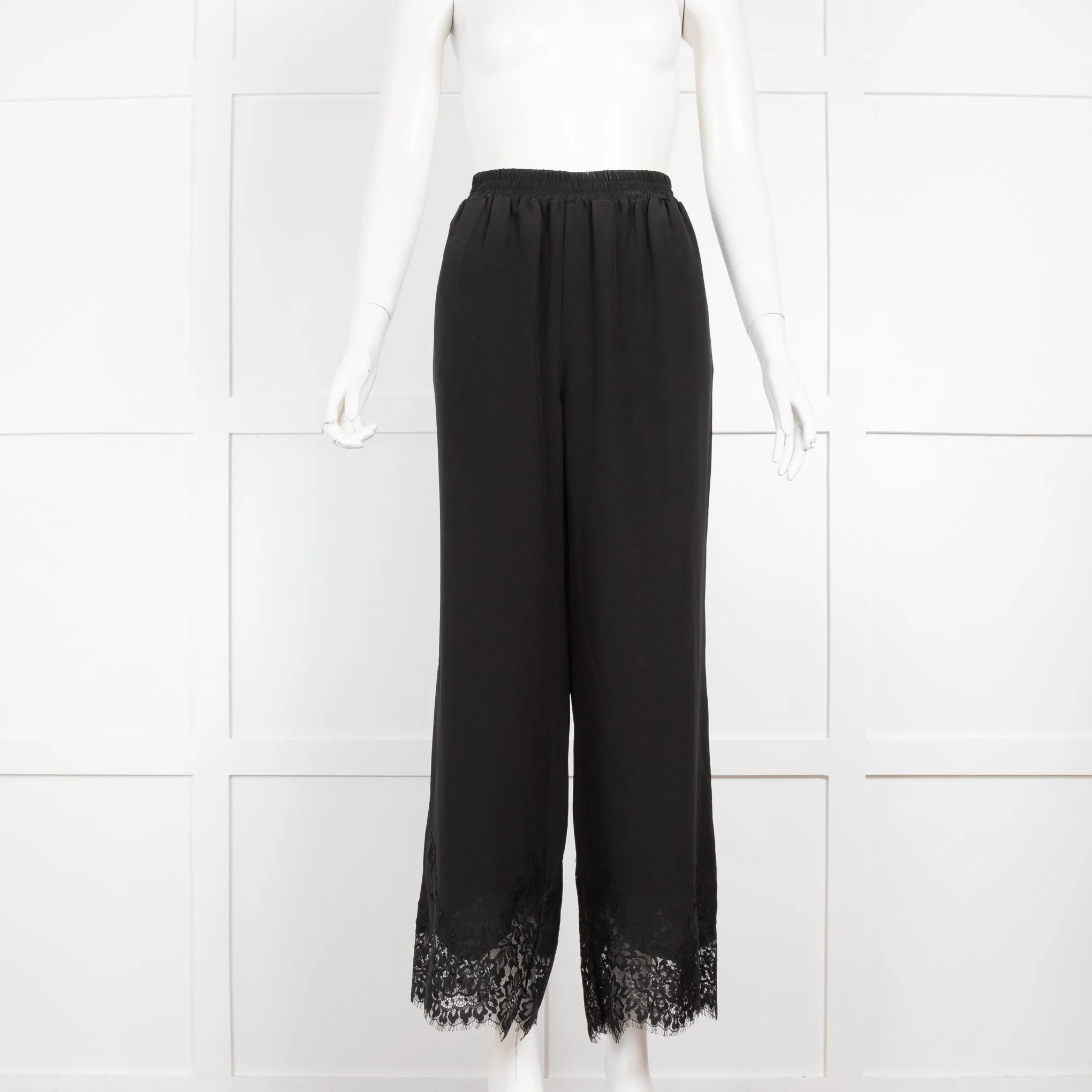 Goldhawk Black Silk Wide Leg Trousers With Eyelash Lace Hem