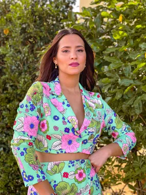 Green Flowers Crop Blazer