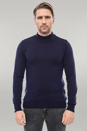 Half Turtleneck Knitwear Navy Blue Men Sweater - Wessi