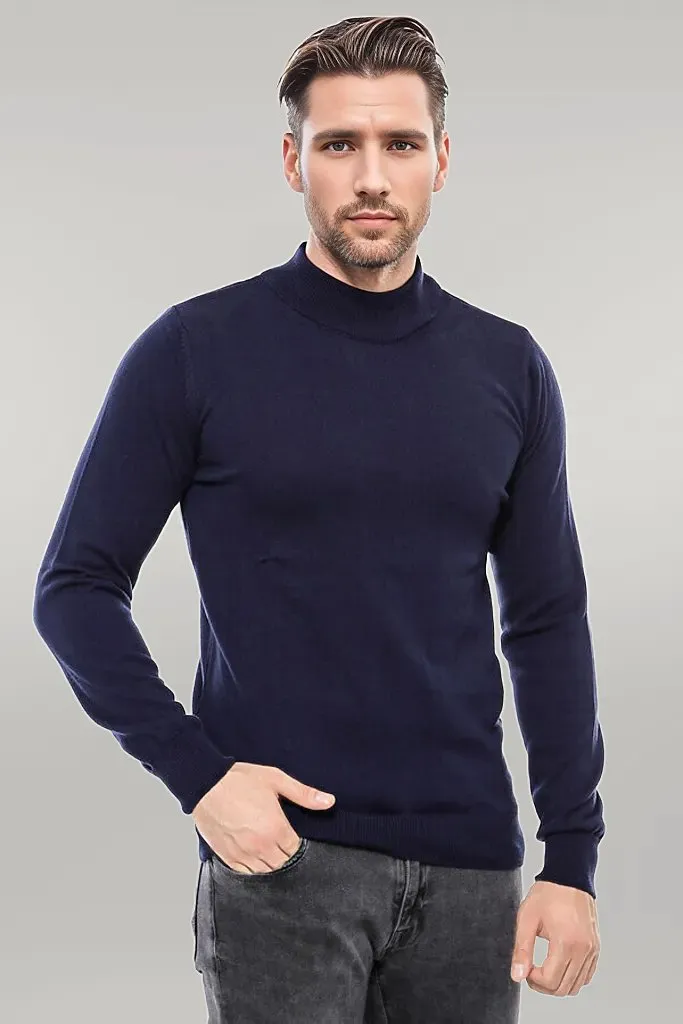 Half Turtleneck Knitwear Navy Blue Men Sweater - Wessi