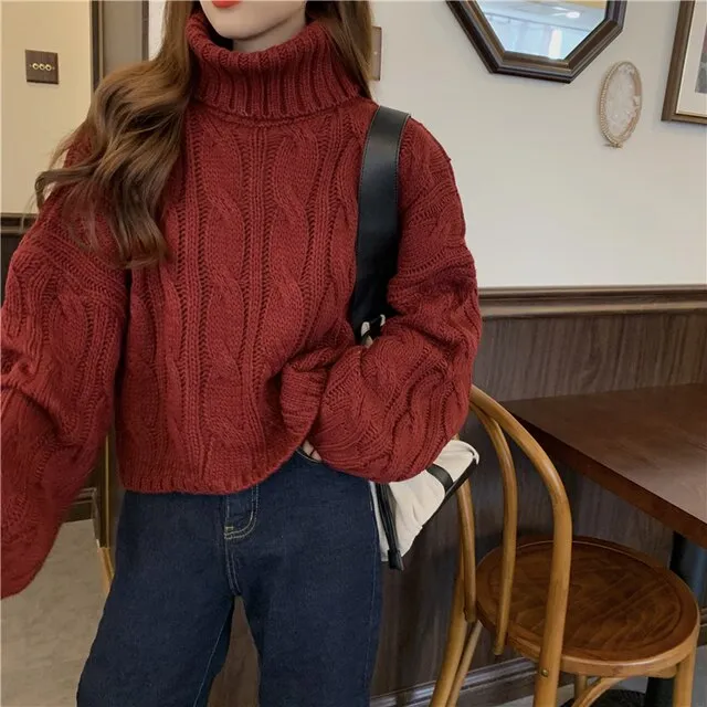 High-Quality Turtleneck Knit Pullover for Women – Warm & Thick Vintage Twist Jumper, Simple Lined Winter Sweater