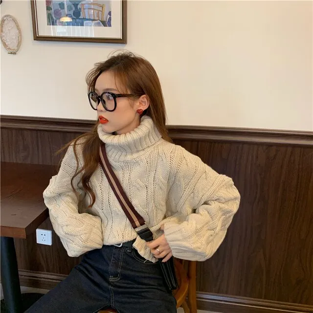High-Quality Turtleneck Knit Pullover for Women – Warm & Thick Vintage Twist Jumper, Simple Lined Winter Sweater