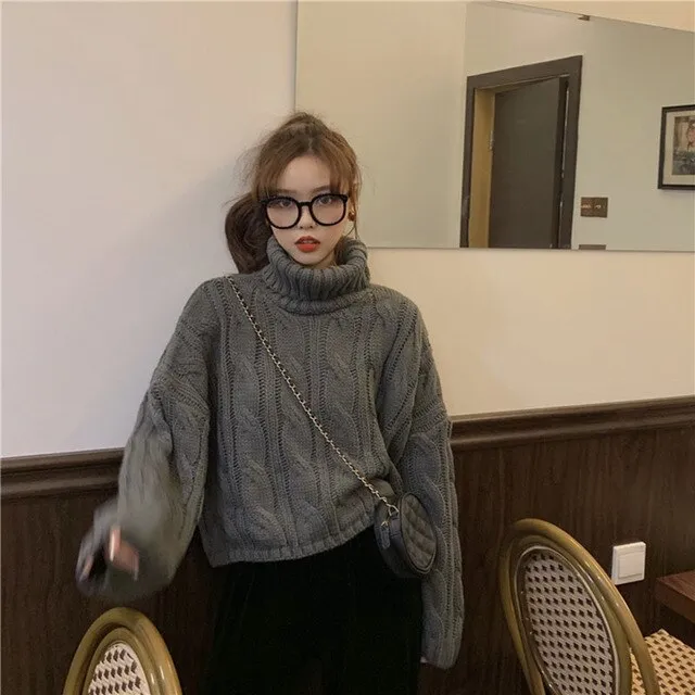 High-Quality Turtleneck Knit Pullover for Women – Warm & Thick Vintage Twist Jumper, Simple Lined Winter Sweater