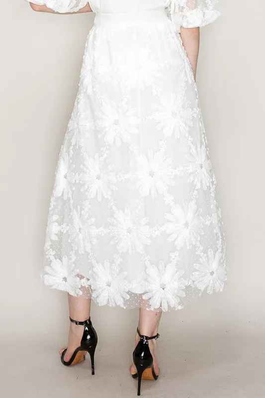 High Waist Floral Applique Dots Tulle Long Skirt