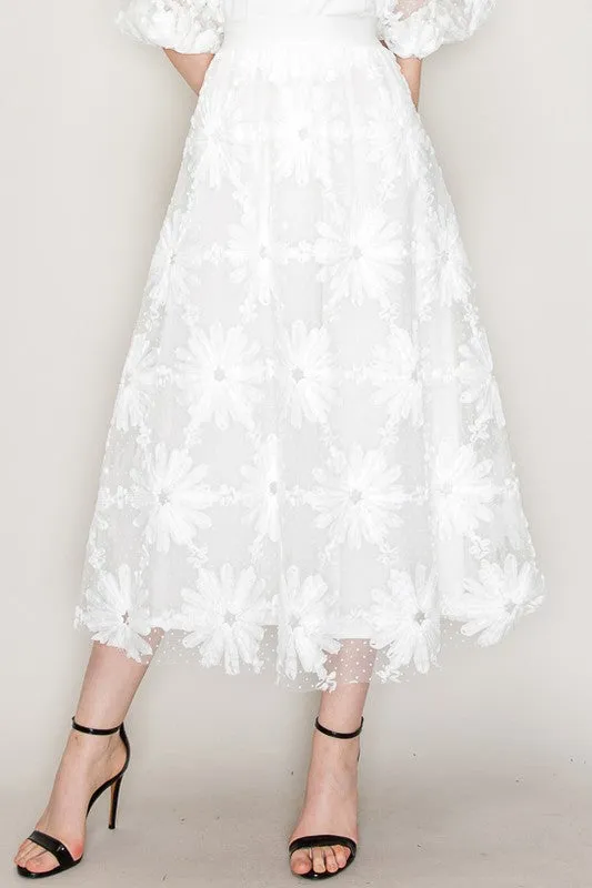 High Waist Floral Applique Dots Tulle Long Skirt