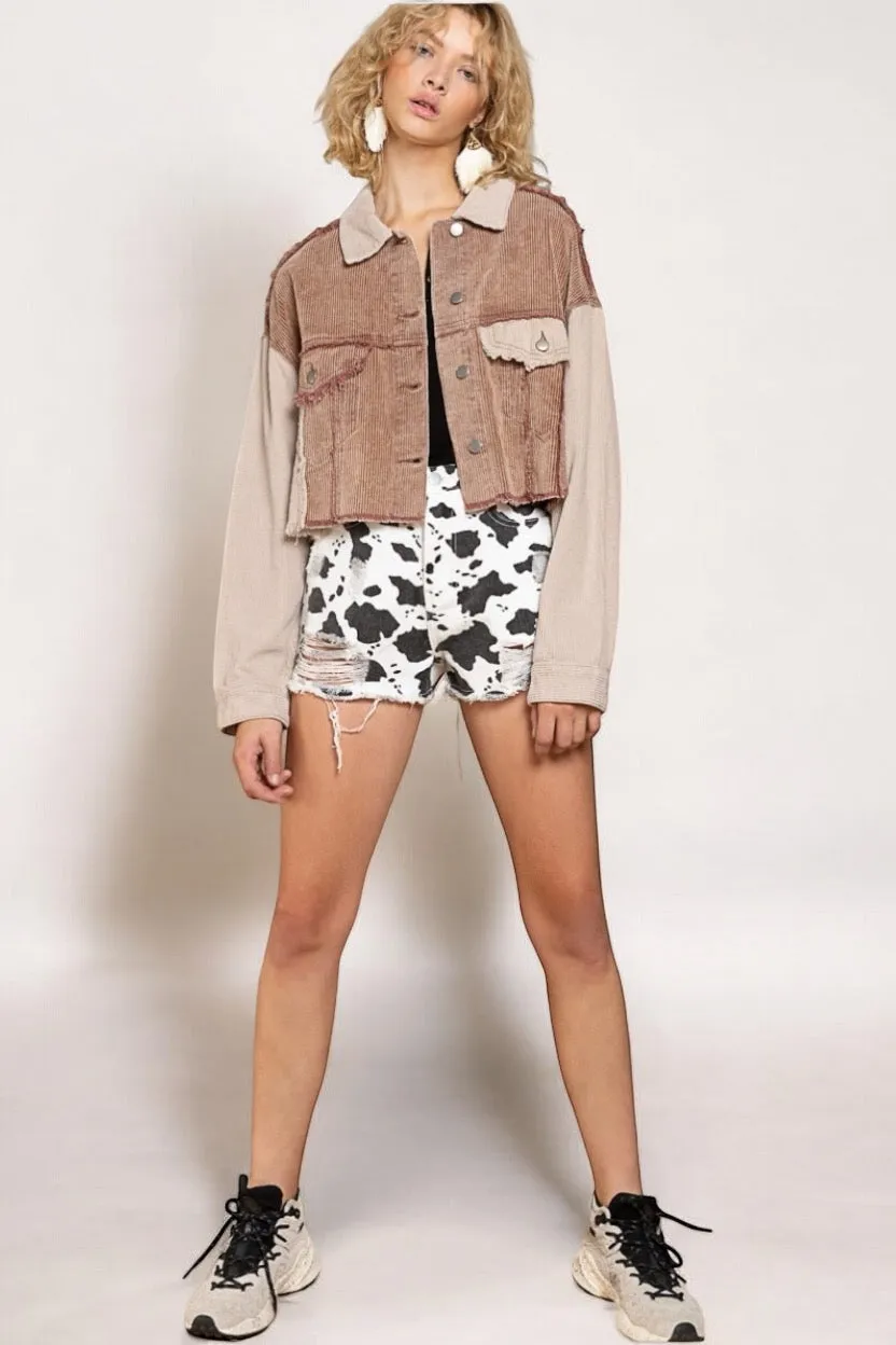 Iced Mocha Two Tone Cropped Cord Jacket