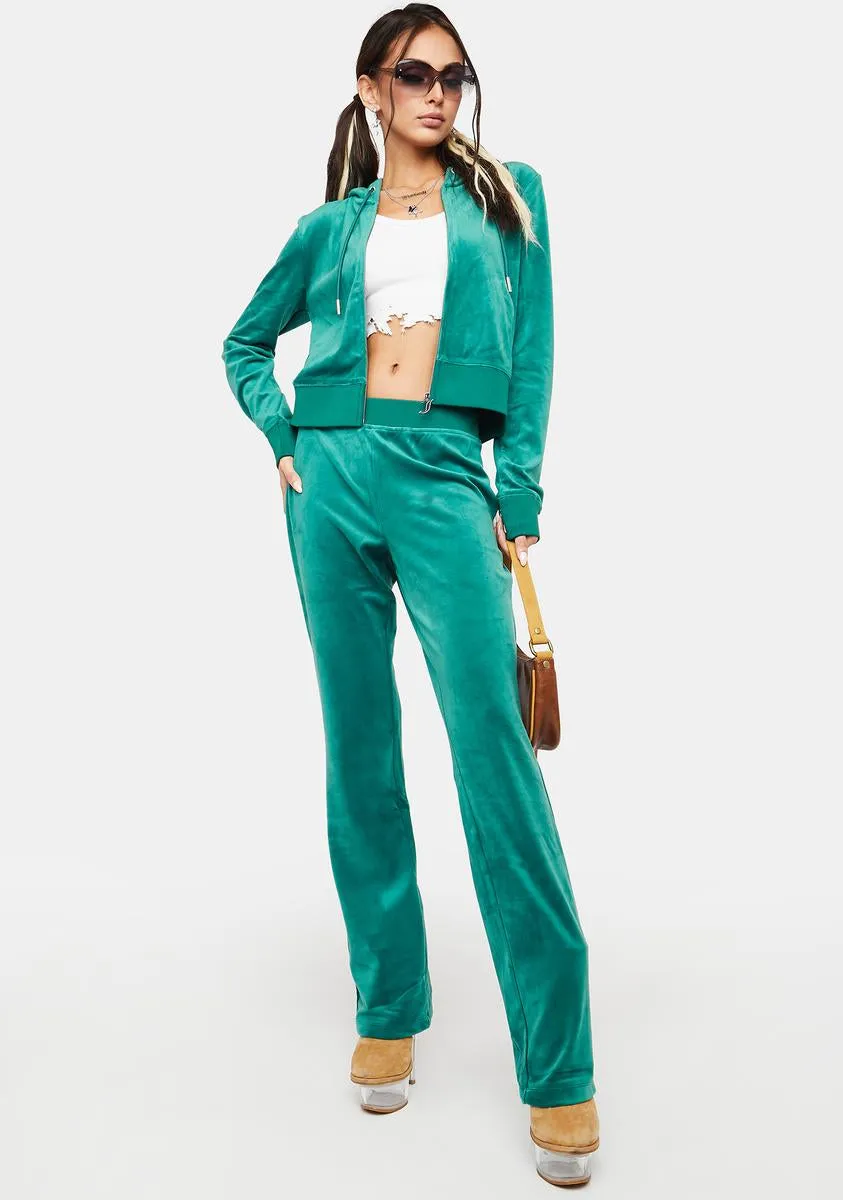 Jade Green Luxe Velour Rhinestone Logo Sweatpants