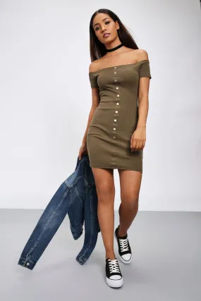 Khaki Off The Shoulder Midi Dress