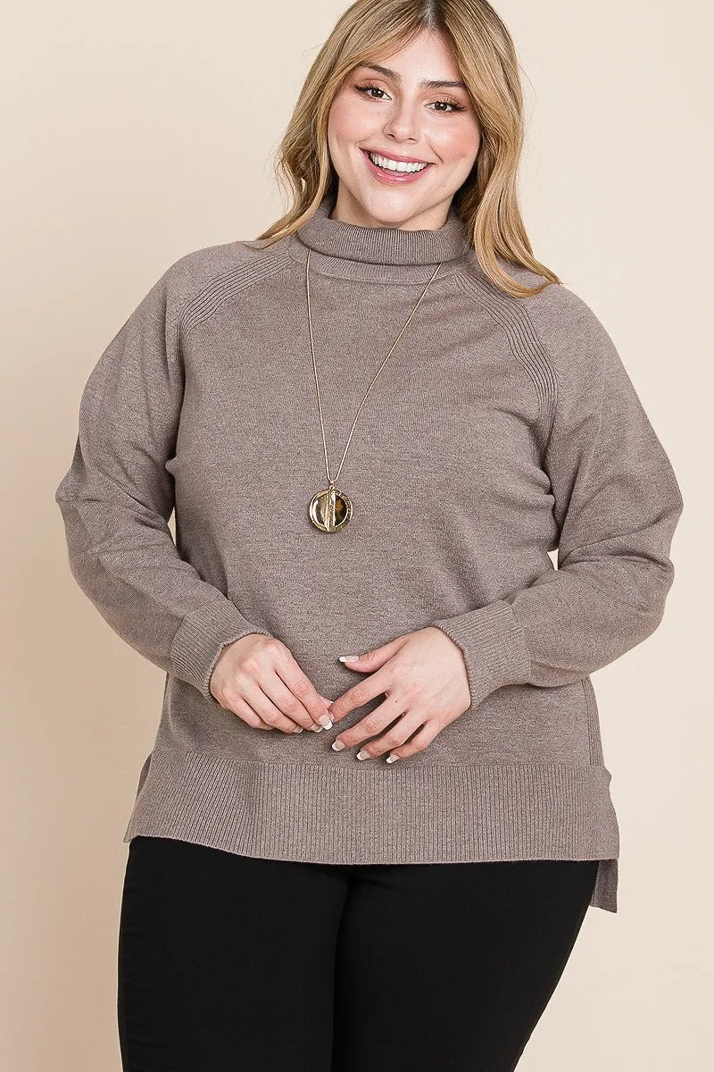 Knit Turtleneck Two Tone High-Low Hem Sweater
