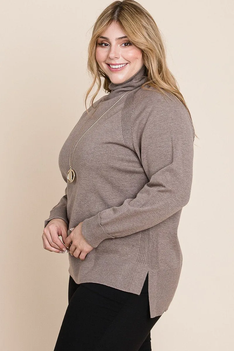 Knit Turtleneck Two Tone High-Low Hem Sweater