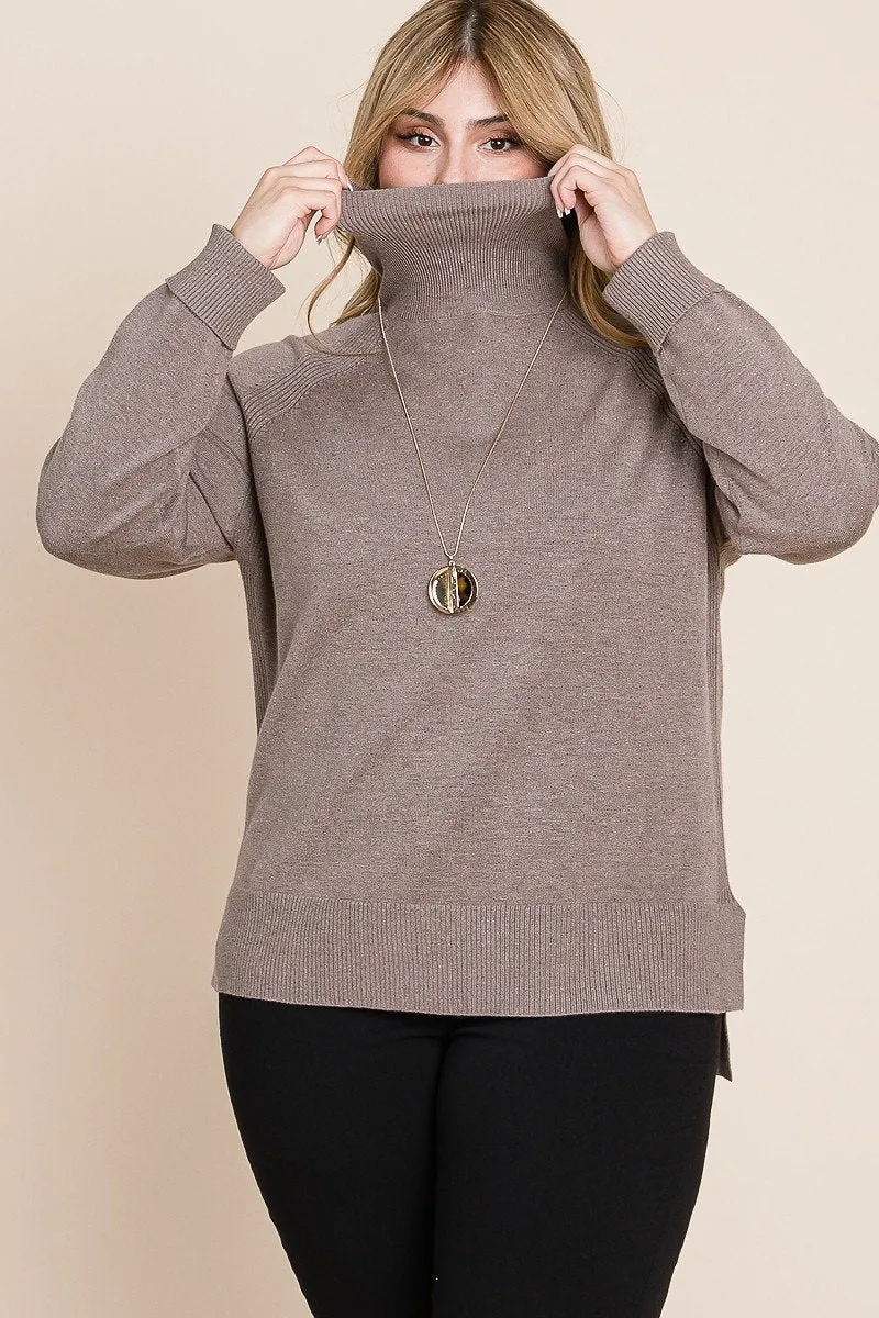Knit Turtleneck Two Tone High-Low Hem Sweater
