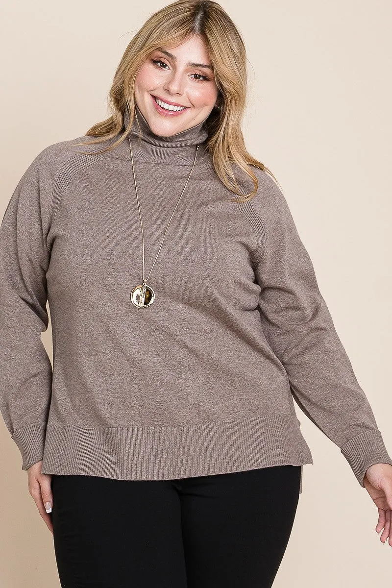 Knit Turtleneck Two Tone High-Low Hem Sweater