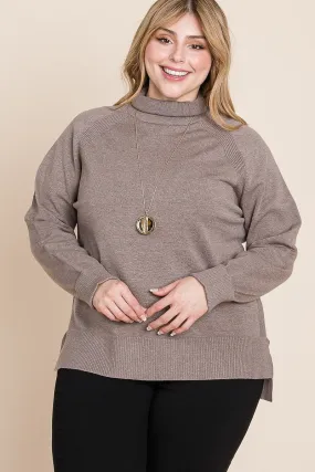 Knit Turtleneck Two Tone High-Low Hem Sweater