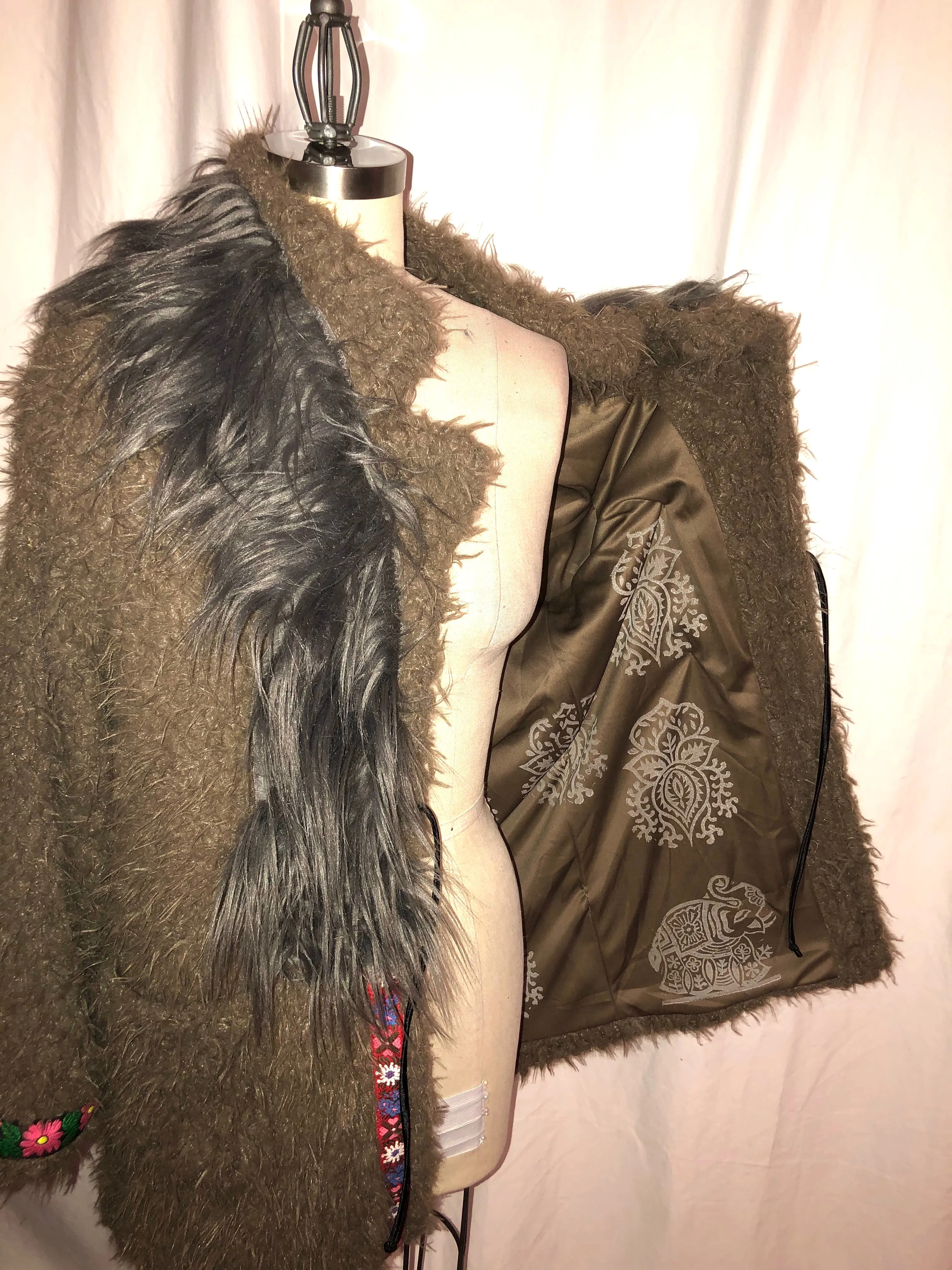 Light Brown Fake Fur Coat w/ Block Printed Lining