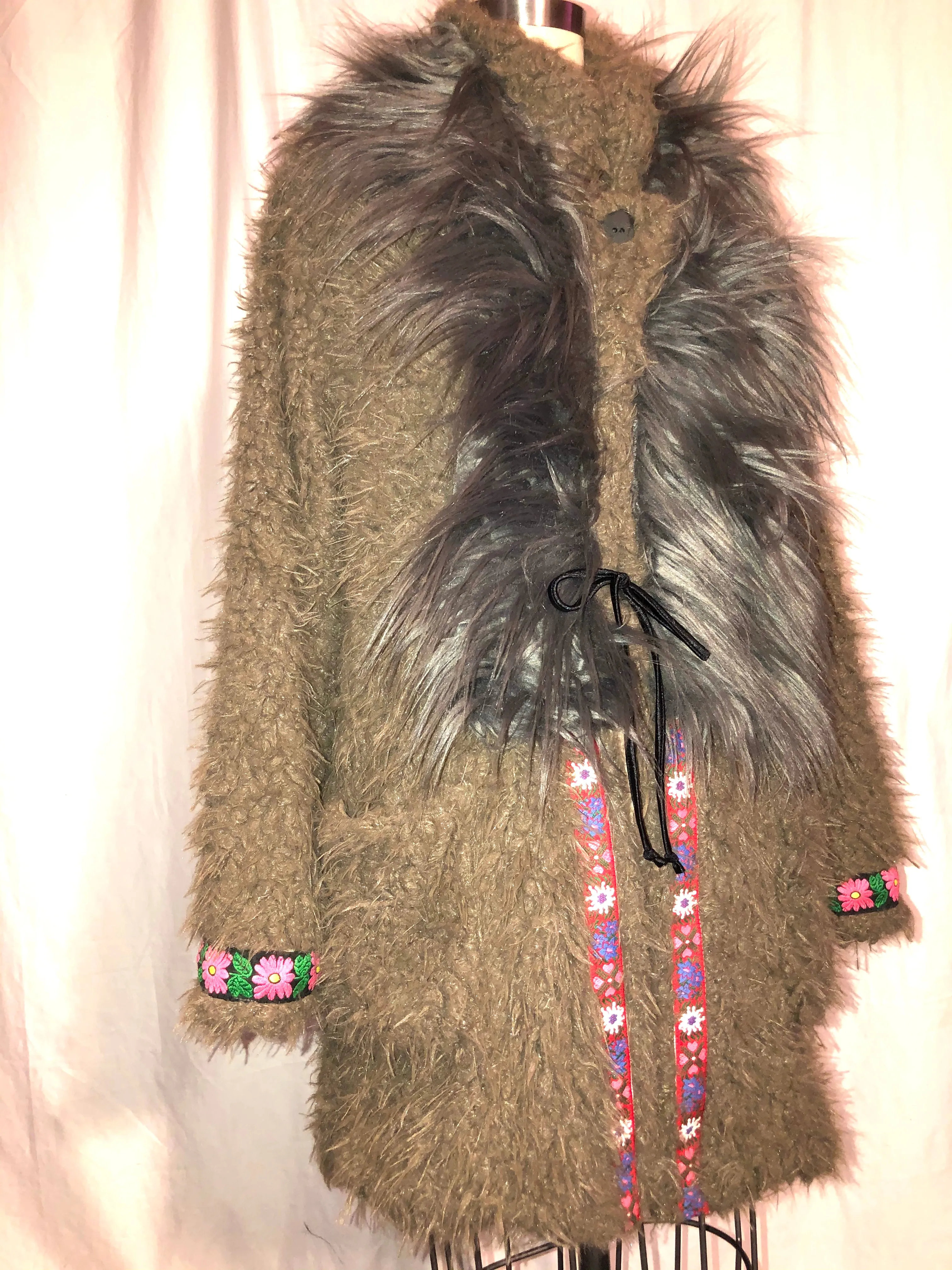 Light Brown Fake Fur Coat w/ Block Printed Lining