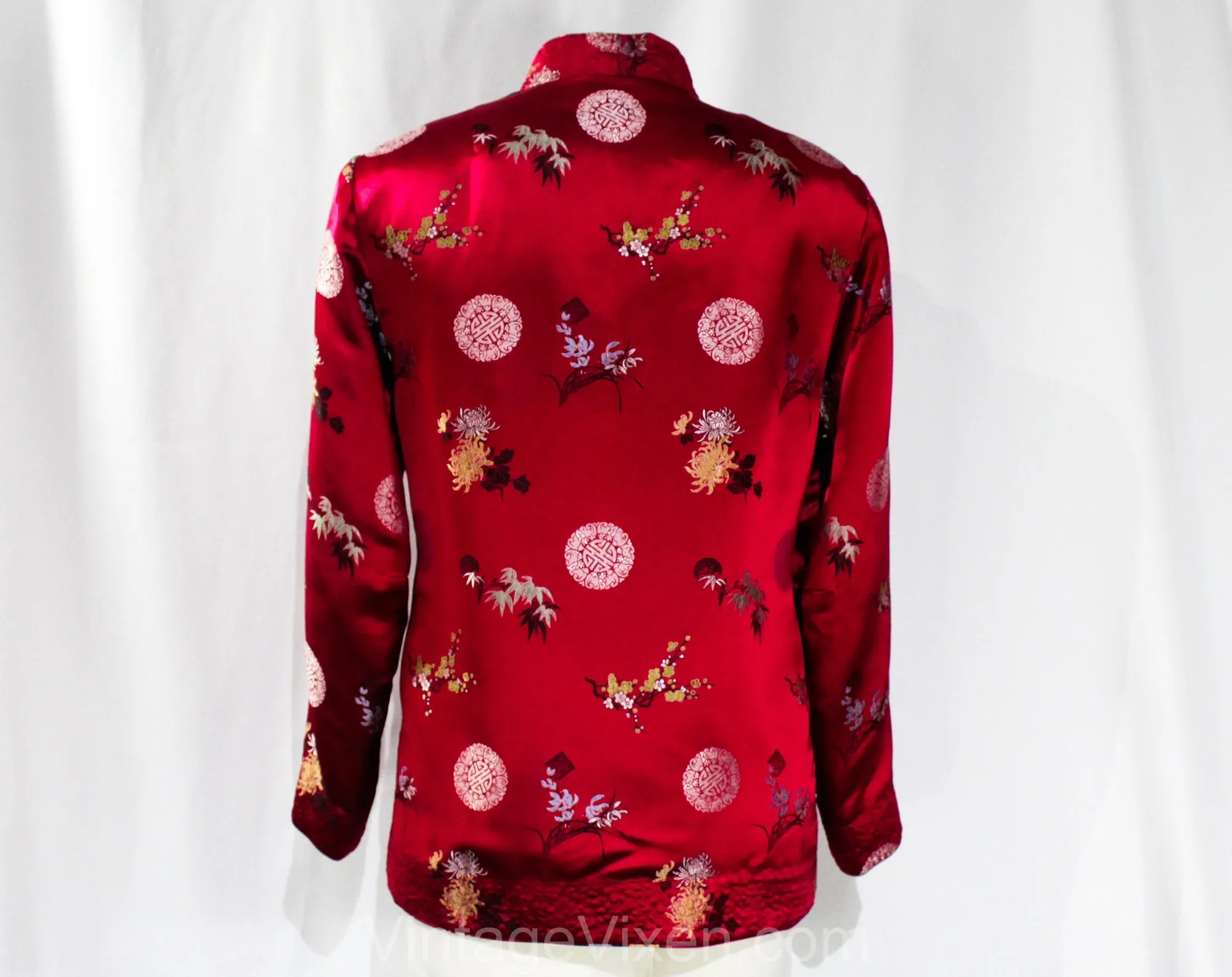 Medium Asian Jacket - Reversible Scarlet Red & Yellow Satin Brocade - Eastern 50s Evening Jacket - 1950s Formal Cocktail Chic - Bust 39