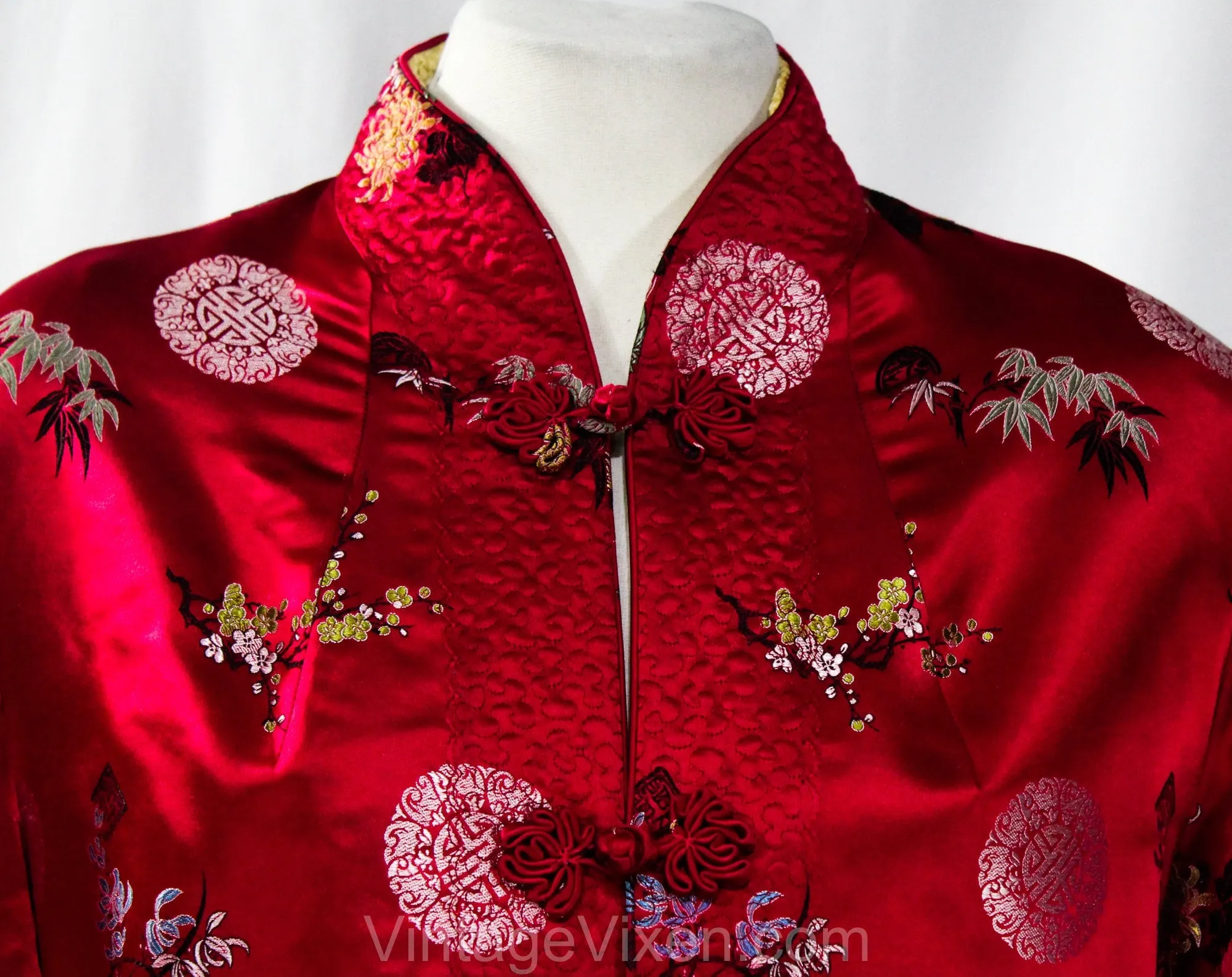 Medium Asian Jacket - Reversible Scarlet Red & Yellow Satin Brocade - Eastern 50s Evening Jacket - 1950s Formal Cocktail Chic - Bust 39