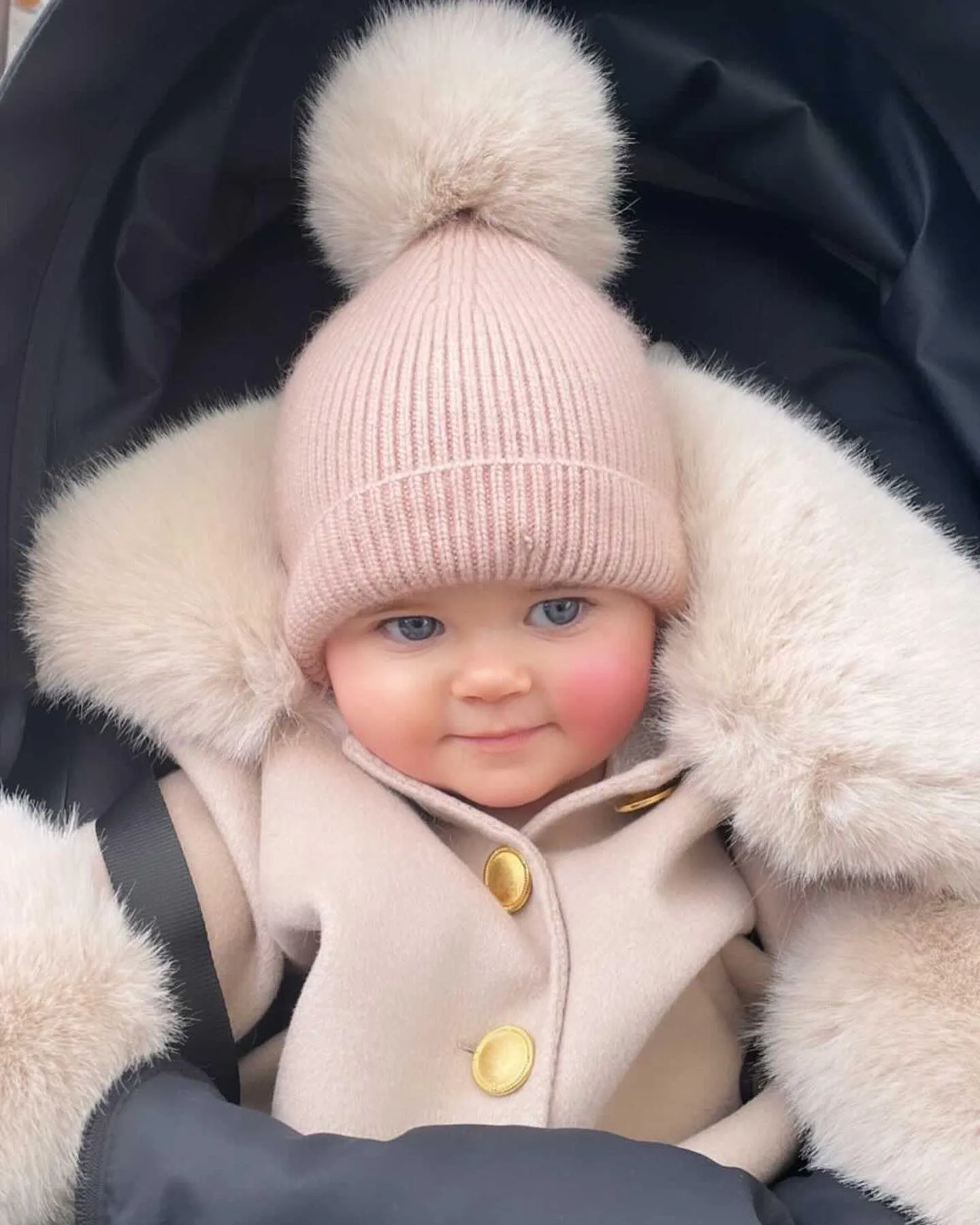 MI LOVES SIGNATURE Luxurious cashmere kids coat with Synthetic fur trim and cuffs in Beautiful Nude colour.